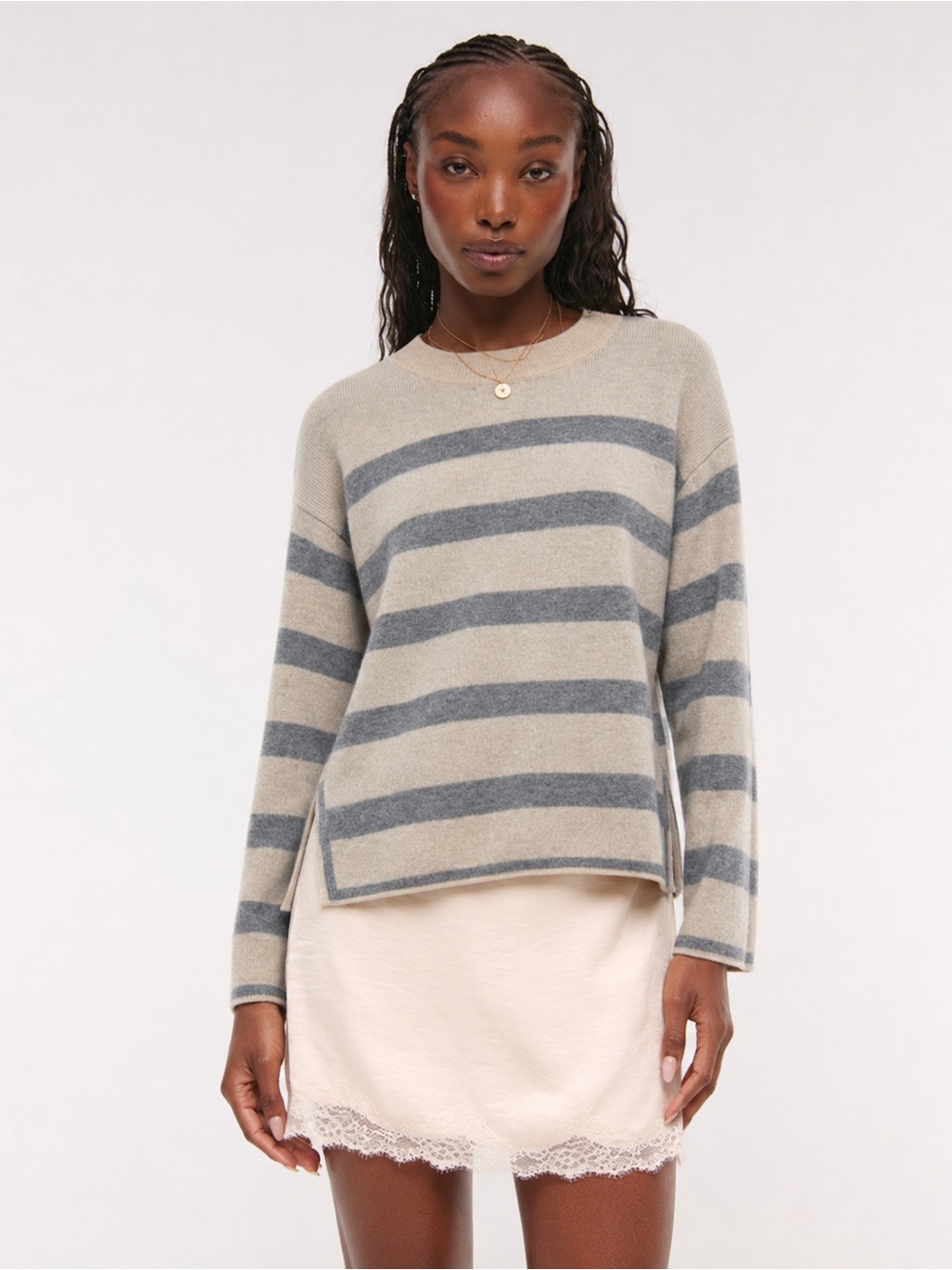 Magaschoni 100% cashmere knit Crewneck Sweater pullover Stripe Neutral Small *J